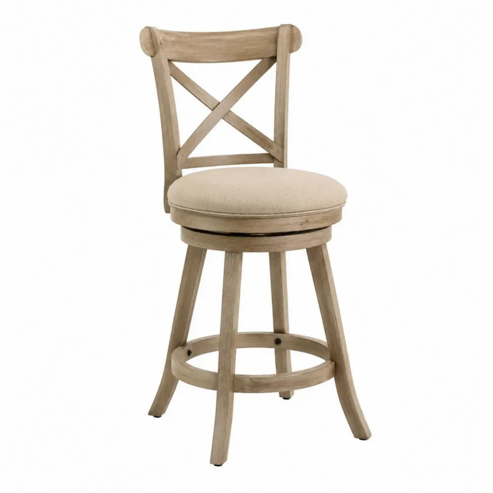 Taburete de bar giratorio con respaldo cruzado de madera asiento redondo tapizado beige reposapiés circular 95 x 45 x 50 cm