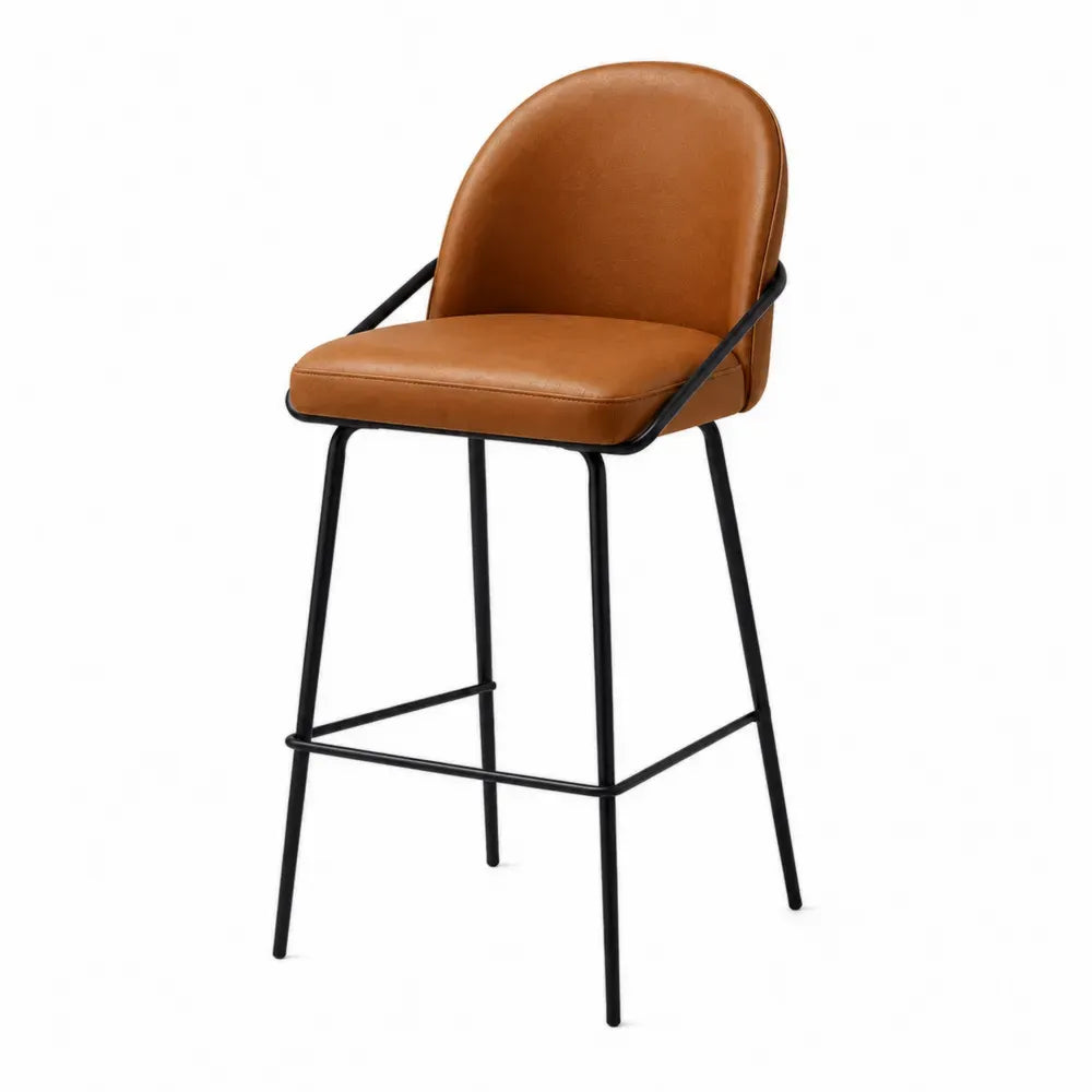 Taburete de bar con respaldo y reposabrazos asiento de PU marrón estructura de acero con recubrimiento en polvo negro con reposapiés 95 cm alto 55 cm ancho 50 cm profundidad
