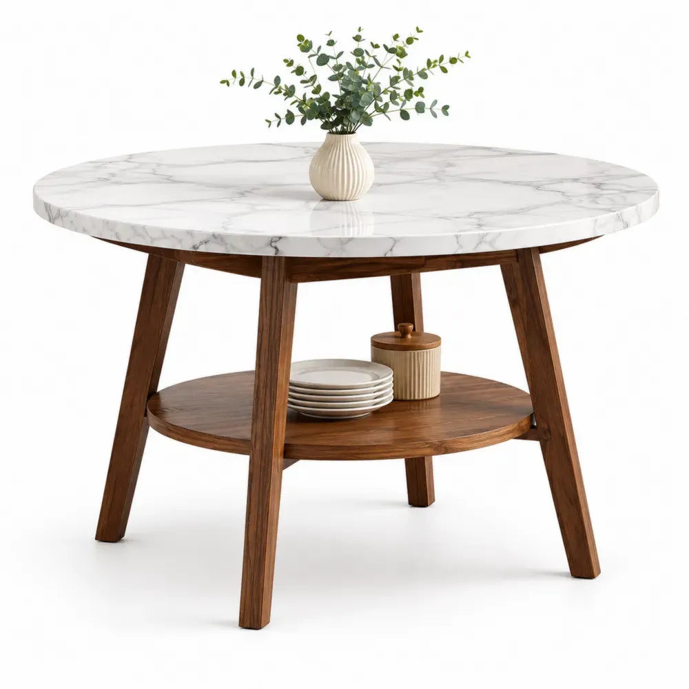 Mesa de comedor redonda con tablero cerámico efecto mármol estante inferior de madera blanco marrón 120 cm diámetro 75 cm alto