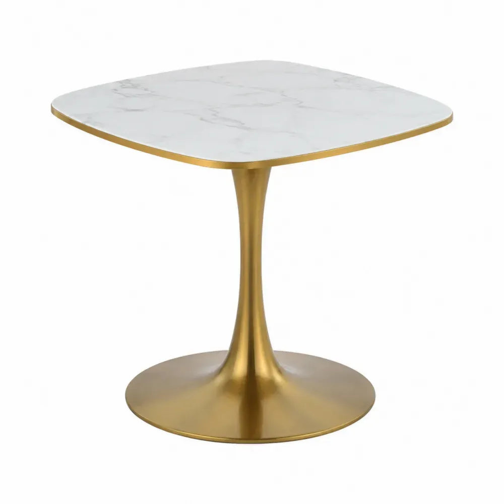 Mesa de comedor cuadrada tablero efecto mármol blanco base central metálica dorada sin dimensiones especificadas