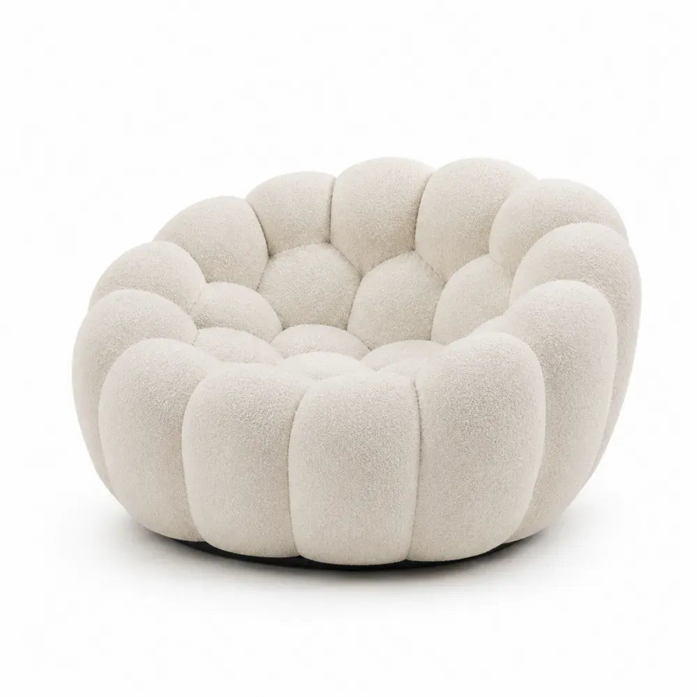 Sillón redondo tapizado en tejido bouclé beige con asiento envolvente y base negra 95 x 95 x 70 cm