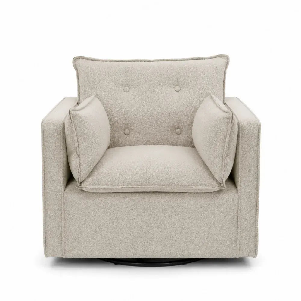 Sillón giratorio individual de forma cuadrada tapizado en poliéster bouclé beige con base de metal negro 80 x 80 x 78 cm
