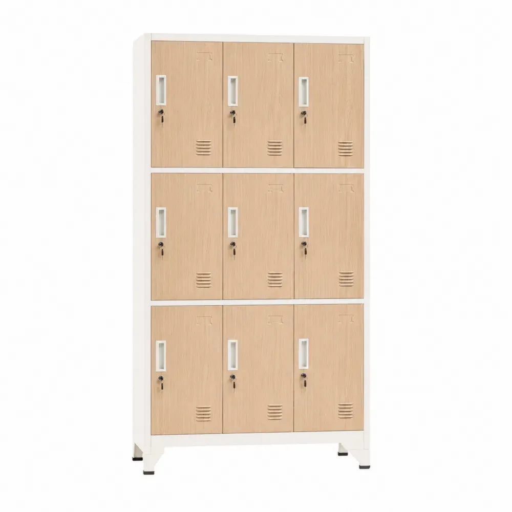 Armario de almacenamiento con taquillas de acero y puertas de MDF con rejillas blanco madera natural 90 cm x 45 cm x 180 cm