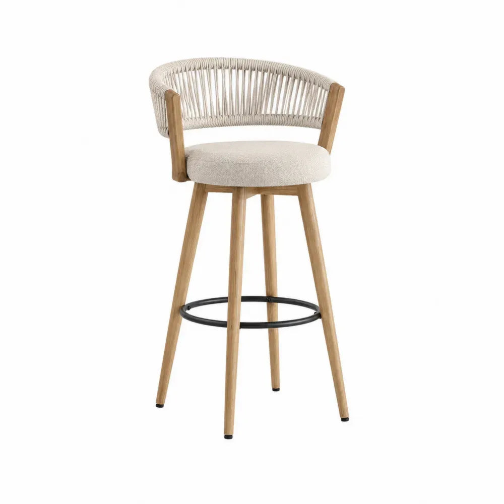 Taburete de bar con respaldo curvo de cuerda asiento redondo tapizado beige estructura de madera natural y reposapiés negro 95 x 50 x 52 cm
