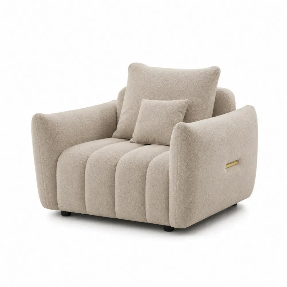 Sillón individual tapizado tejido bouclé beige con reposabrazos integrados estructura de madera y patas ocultas 85 cm ancho 80 cm profundidad 75 cm alto