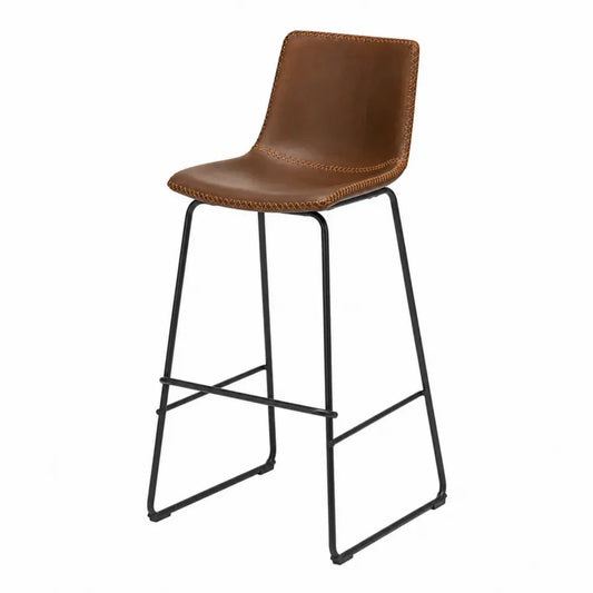 Taburete de bar con respaldo tapizado en PU marrón coñac estructura de acero negro y reposapiés 50 x 52 x 95 cm
