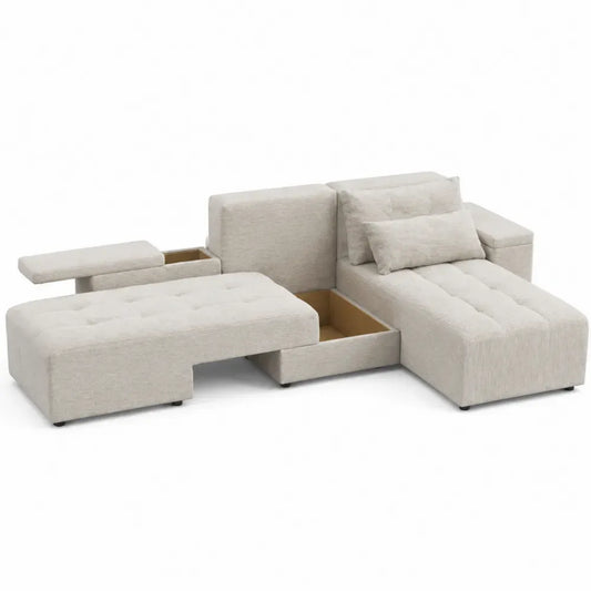Sofá modular en L con chaise longue de tejido de poliéster beige con almacenamiento integrado estructura de madera contrachapada reforzada 240 x 150 x 85 cm