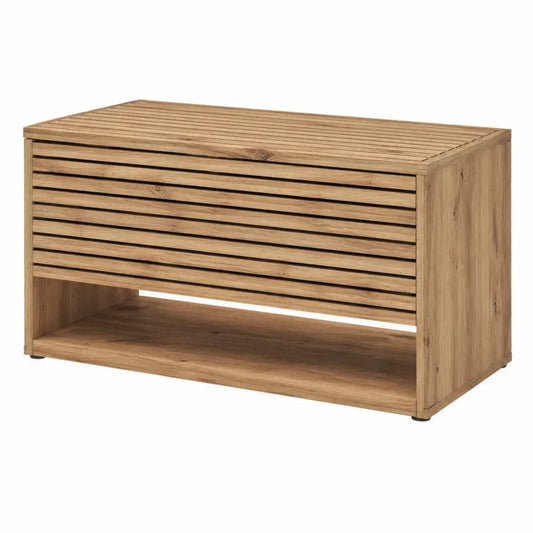 Armario de almacenamiento de madera contrachapada con rejillas frontales estante inferior abierto natural negro 120 cm x 45 cm x 60 cm