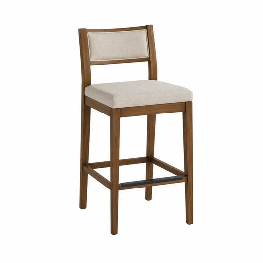 Taburete de bar con respaldo asiento tapizado madera maciza de caucho y acero con recubrimiento en polvo negro reposapiés integrado 95 cm alto 45 cm ancho 50 cm profundidad color beige