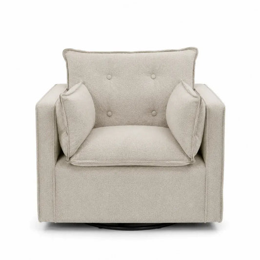 Sillón giratorio individual de forma cuadrada tapizado en poliéster bouclé beige con base de metal negro 80 x 80 x 78 cm