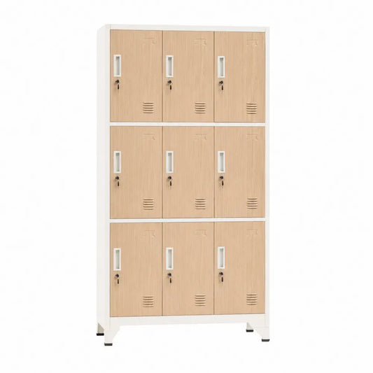 Armario de almacenamiento con taquillas de acero y puertas de MDF con rejillas blanco madera natural 90 cm x 45 cm x 180 cm