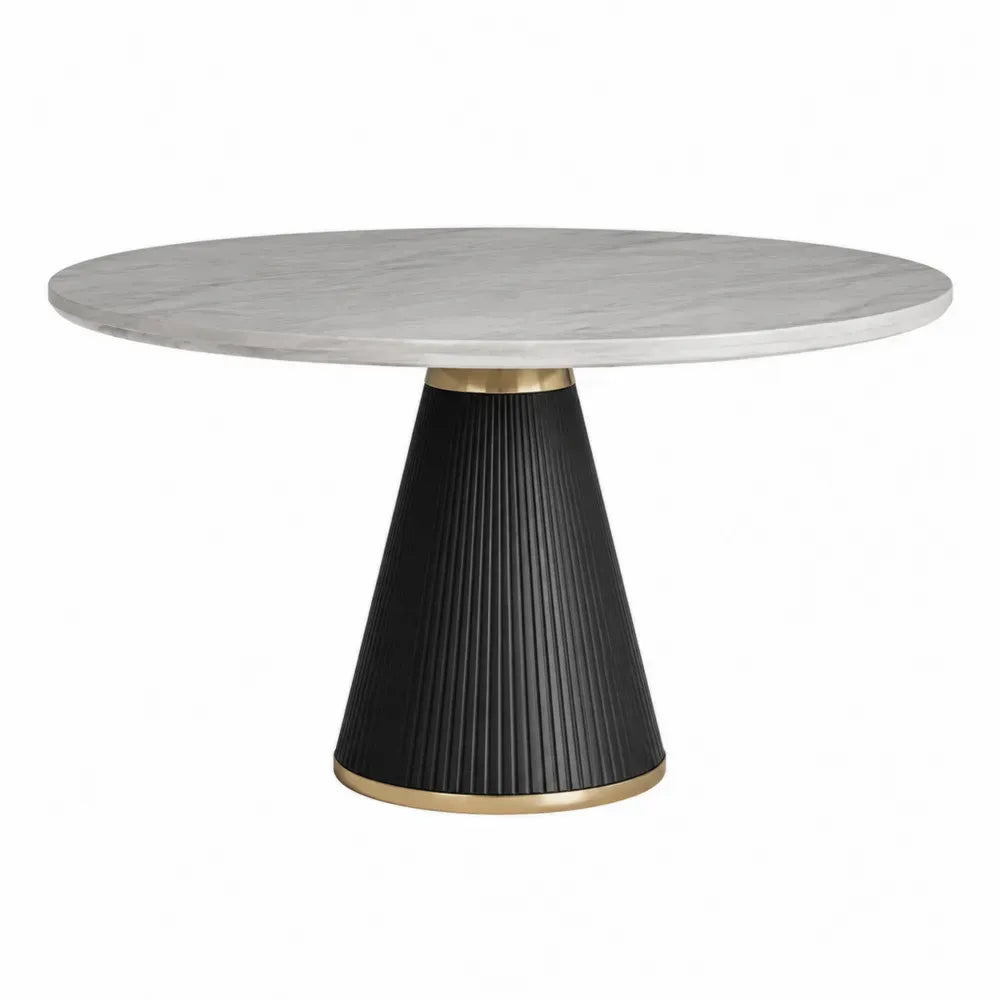 Mesa de comedor redonda con tablero MDF efecto mármol gris base cónica de acero negro dorado 120 x 75 cm