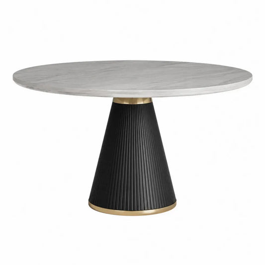Mesa de comedor redonda con tablero MDF efecto mármol gris base cónica de acero negro dorado 120 x 75 cm