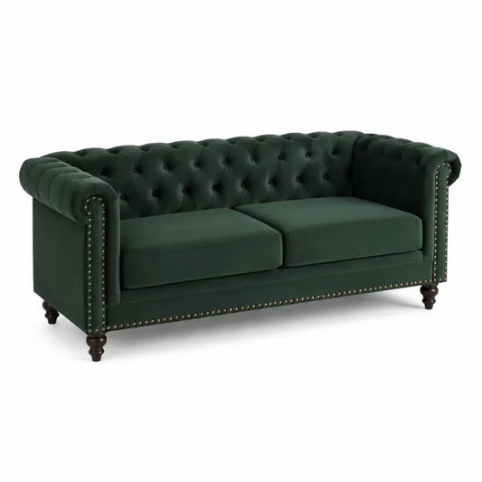 Sofá Chesterfield de 2 plazas tapizado en terciopelo de poliéster verde oscuro con estructura de madera maciza y patas de madera 175 x 85 x 78 cm