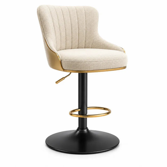 Taburete de bar giratorio regulable con asiento tapizado tejido beige base metálica dorada y negra con reposapiés circular altura ajustable 90-110 cm ancho 50 cm fondo 52 cm