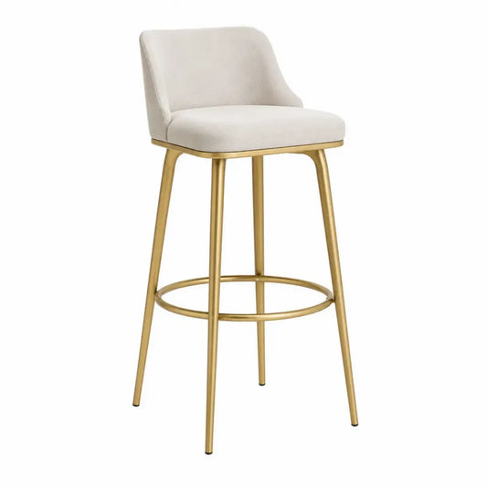 Taburete de bar tapizado en tela beige con respaldo bajo estructura de acero dorado y reposapiés circular 45 x 50 x 100 cm