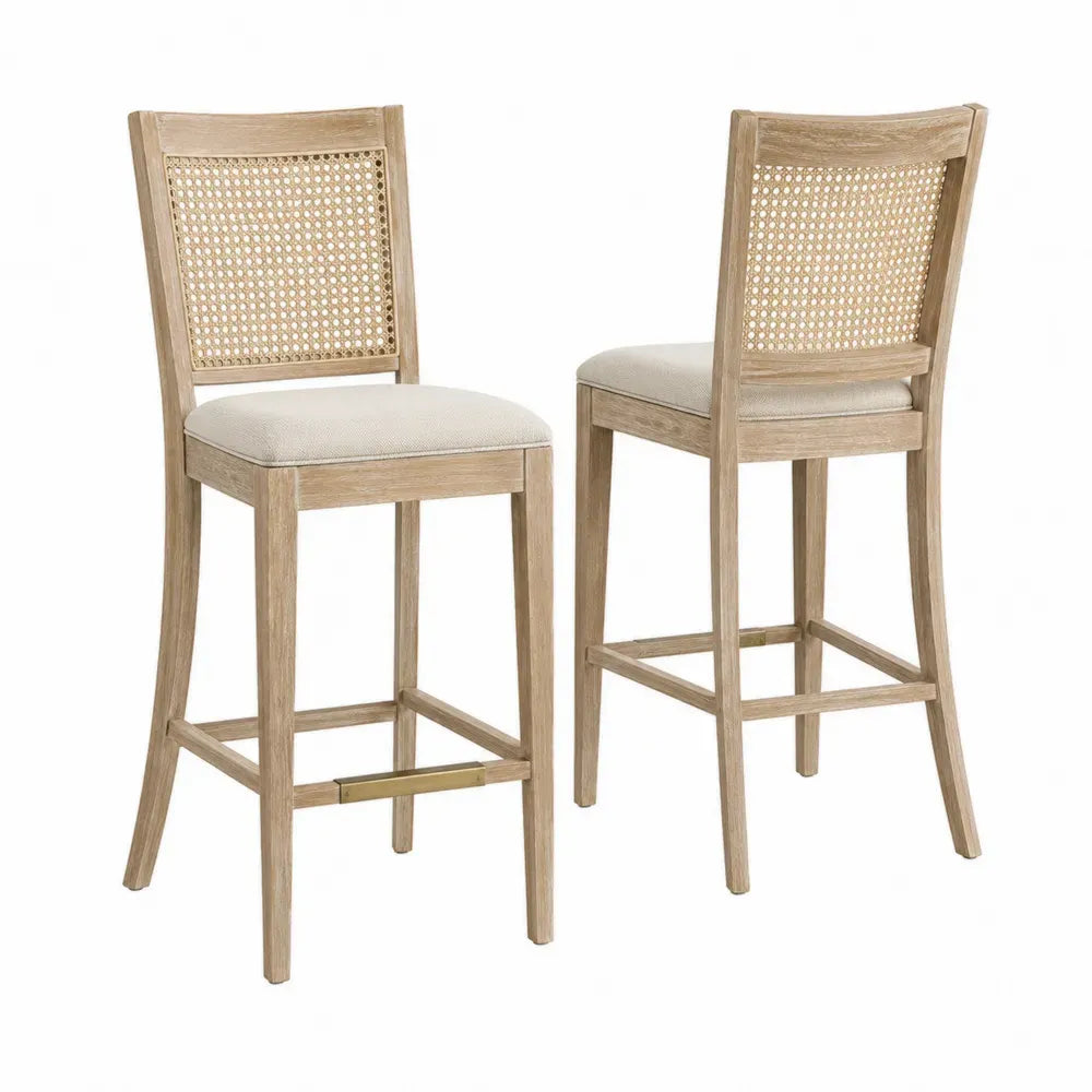 Conjunto de 2 taburetes de bar con respaldo de rejilla de ratán asiento tapizado beige estructura de madera natural 45 x 50 x 95 cm