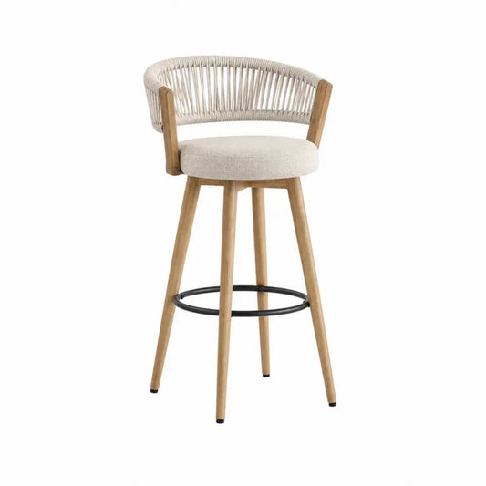 Taburete de bar con respaldo curvo de cuerda asiento redondo tapizado beige estructura de madera natural y reposapiés negro 95 x 50 x 52 cm
