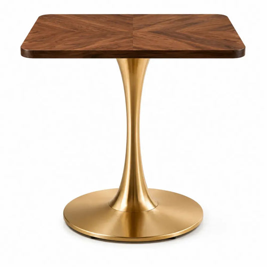 Mesa de comedor cuadrada 80 x 80 x 75 cm tablero MDF efecto nogal y pedestal de acero dorado