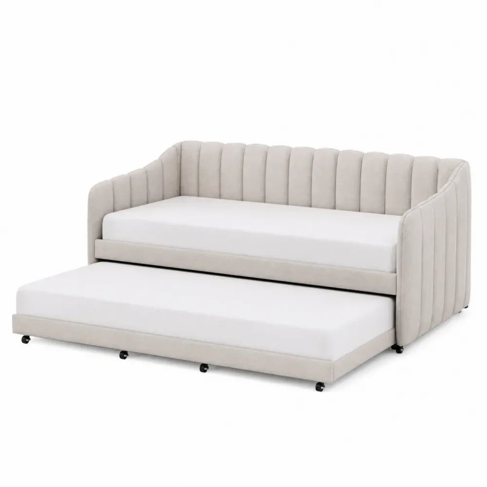 Sofá cama nido convertible de 3 plazas con cama extraíble tejido de poliéster beige claro estructura de madera y metal 220 x 150 x 85 cm