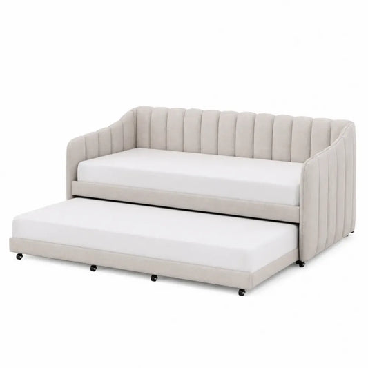 Sofá cama nido convertible de 3 plazas con cama extraíble tejido de poliéster beige claro estructura de madera y metal 220 x 150 x 85 cm