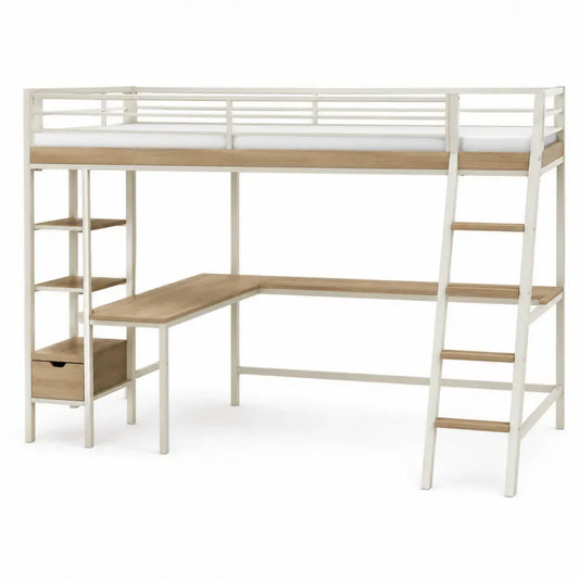 Cama alta tipo loft madera ingeniería metal blanco roble claro 90 cm x 200 cm con escritorio estanterías escalera y cajón